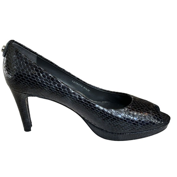 Stuart Weitzman Open Toe Black Patent Leather Snakeskin Print Heels. Sz 8.5. EUC - Picture 3 of 13
